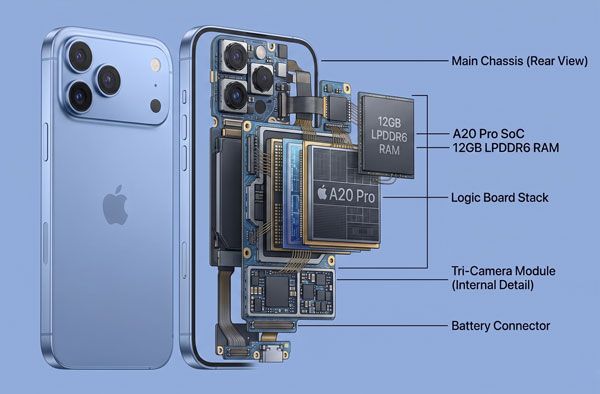 Technical render of Apple iPhone 18 Pro Max showing A20 Pro chip and 12GB RAM architecture