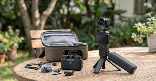 Full DJI Osmo Pocket 4 Creator Combo set including DJI Mic 3, battery handle, and wide-angle lens