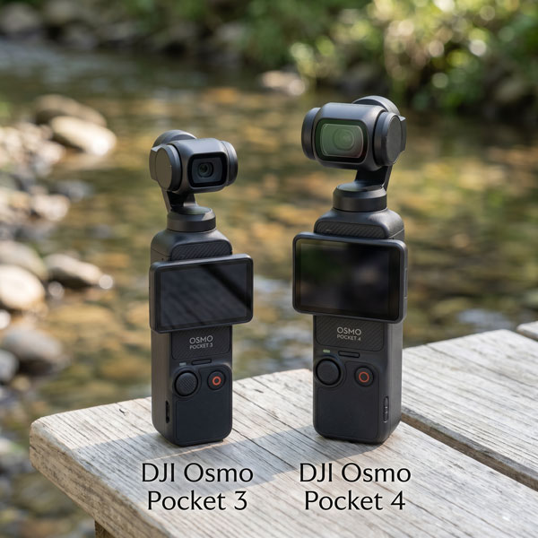 Side by side comparison of DJI Osmo Pocket 3 and DJI Osmo Pocket 4 gimbal cameras
