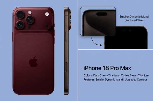 iPhone 18 Pro Max colors in Dark Cherry and Coffee Brown titanium finish with smaller dynamic island