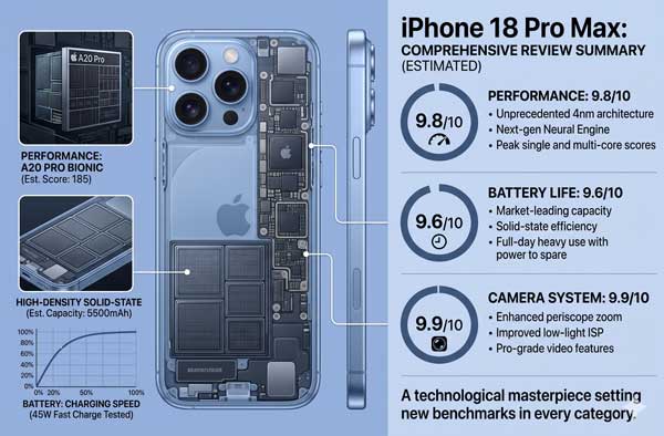 Comprehensive review of iPhone 18 Pro Max featuring camera, battery, and performance scores