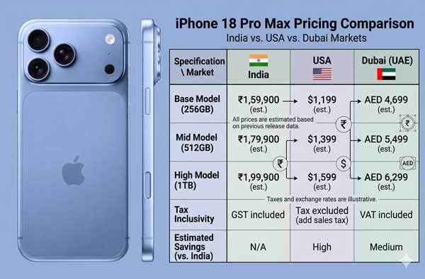 iPhone 18 Pro Max price comparison table for India, USA, and Dubai markets