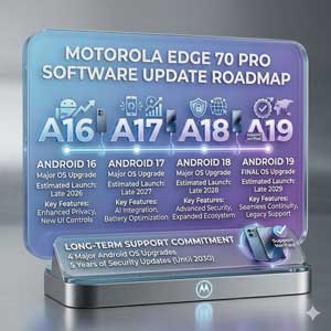 Motorola Edge 70 Pro software update roadmap showing Android 16 to Android 19 support
