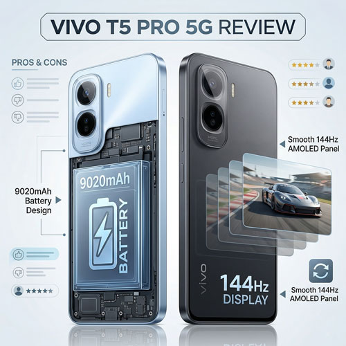 Vivo T5 Pro 5G Review showing 9020mAh battery design and 144Hz display