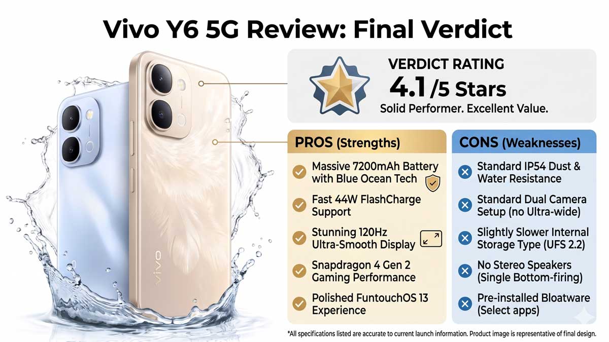 Final verdict of Vivo Y6 5G review showing pros and cons list.